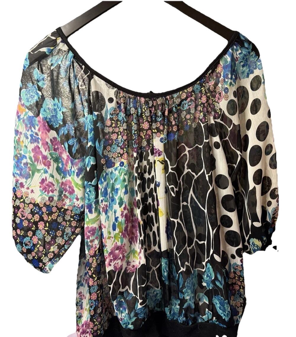 Ultra Pink Sheer Blouse Black Floral Animal Print 3/4 Sleeve Womens Medium